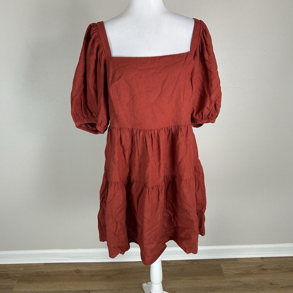 House Of Harlow 1960 L Rust Dress Mini Tiered Linen Blend Puff Sleeve Peasant
